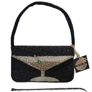 Handcrafted Beaded Shoulder Bag Martini w/ Olive Jewel Black Made In India NWT